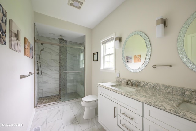 19 Aspen Way, Pittsfield, MA 01201 - full bathroom with marble finish flooring, a stall shower, double vanity, and toilet