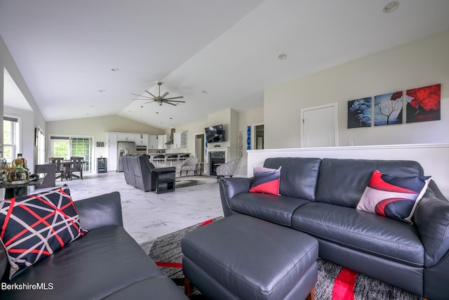 19 Aspen Way, Pittsfield, MA 01201 - living area with vaulted ceiling, ceiling fan, and light marble finish floors