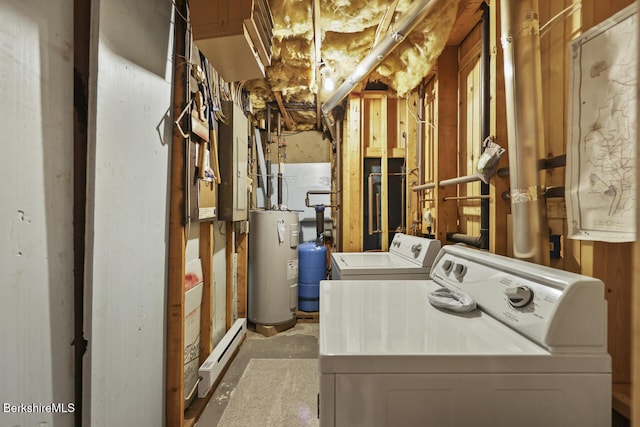 26 Autumn Ct, Otis, MA 01253 - washroom featuring washing machine and clothes dryer, electric water heater, and a baseboard heating unit