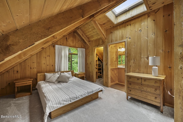 26 Autumn Ct, Otis, MA 01253 - bedroom featuring a skylight, wooden walls, and carpet flooring