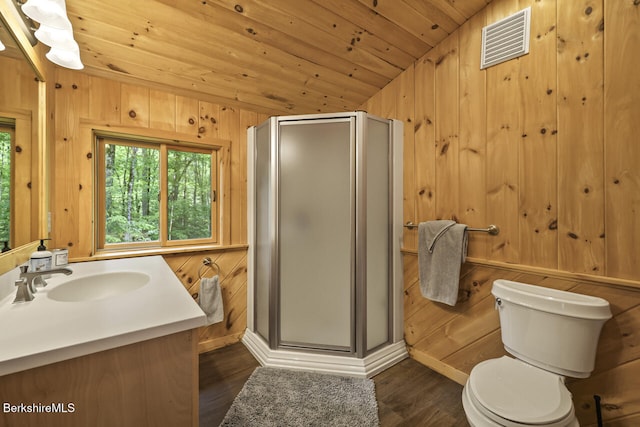 26 Autumn Ct, Otis, MA 01253 - full bath with vanity, wooden walls, vaulted ceiling, a stall shower, and wood ceiling