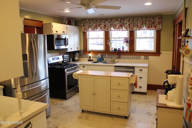 kitchen featuring ceiling fan, appliances with stainless steel finishes, plenty of natural light, and sink