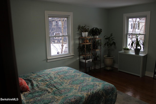 bedroom featuring radiator, dark hardwood / wood-style flooring, and multiple windows