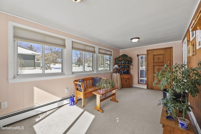 interior space featuring carpet floors and a baseboard heating unit