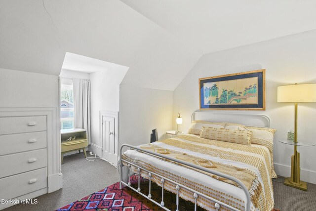 bedroom featuring carpet floors and lofted ceiling