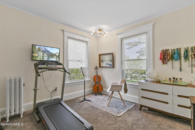 workout room featuring radiator, baseboards, a chandelier, and a wealth of natural light