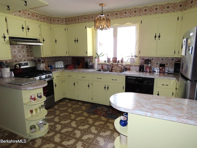 kitchen featuring open shelves, a sink, appliances with stainless steel finishes, under cabinet range hood, and tile patterned floors