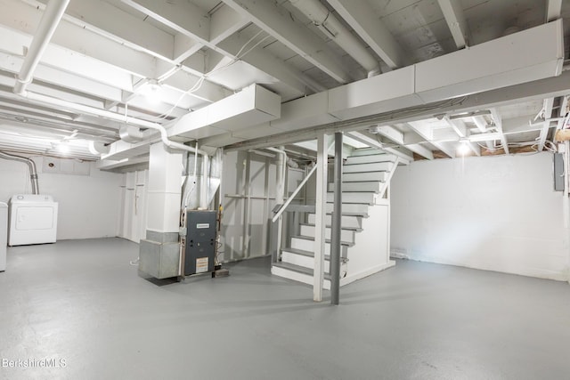 3 Burke Ave, Pittsfield, MA 01201 - unfinished basement featuring washer / clothes dryer, heating unit, and stairway