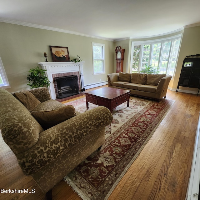 377 Pomeroy Ave, Pittsfield, MA 01201 - living area with a baseboard heating unit, wood finished floors, ornamental molding, and a fireplace
