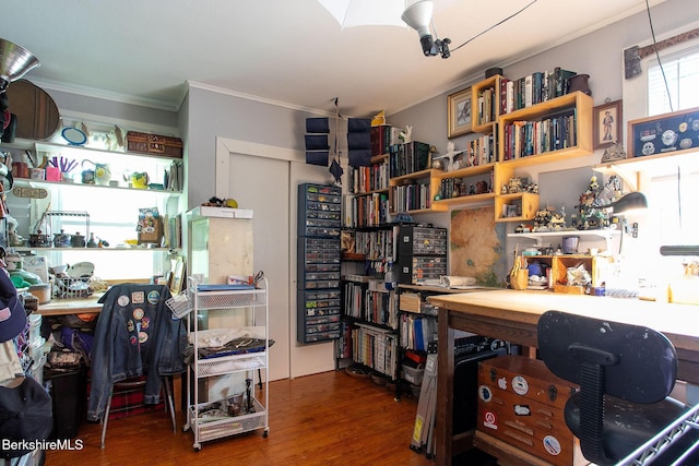 53 Mahaiwe St, Great Barrington, MA 01230 - office area with a workshop area, crown molding, and wood finished floors
