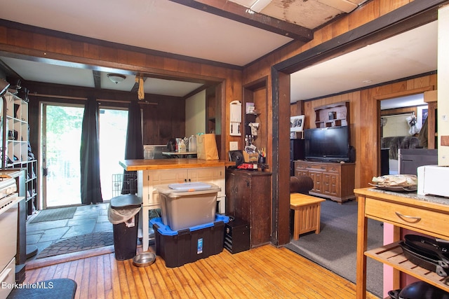 53 Mahaiwe St, Great Barrington, MA 01230 - living room with wood walls, light wood-type flooring, and beam ceiling