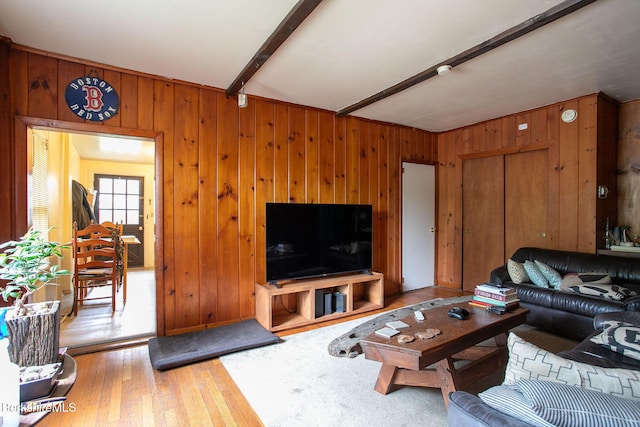 53 Mahaiwe St, Great Barrington, MA 01230 - living area featuring wood walls, wood finished floors, and beamed ceiling