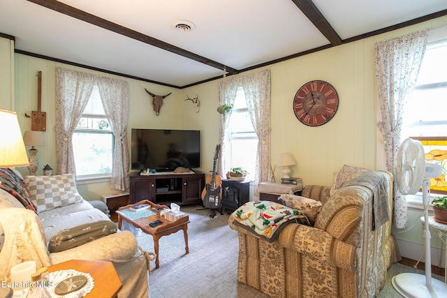 53 Mahaiwe St, Great Barrington, MA 01230 - living room with beamed ceiling, a decorative wall, and ornamental molding