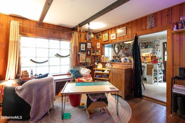 53 Mahaiwe St, Great Barrington, MA 01230 - office area with beam ceiling, wood walls, and dark wood-type flooring