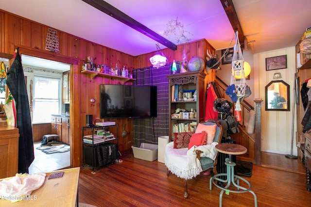 53 Mahaiwe St, Great Barrington, MA 01230 - living room featuring wood finished floors, beam ceiling, and wood walls