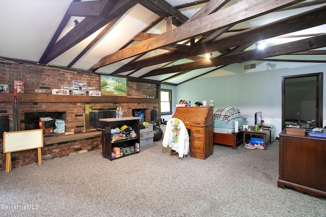 53 Mahaiwe St, Great Barrington, MA 01230 - living room featuring a fireplace, carpet flooring, and brick wall
