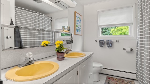 22 Delafield Dr, Lenox, MA 01240 - full bathroom featuring a baseboard radiator, double vanity, ornamental molding, and a shower with curtain