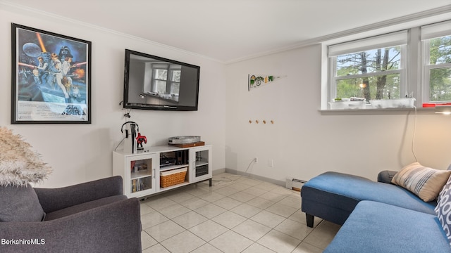 22 Delafield Dr, Lenox, MA 01240 - living room featuring light tile patterned floors, ornamental molding, and a baseboard radiator