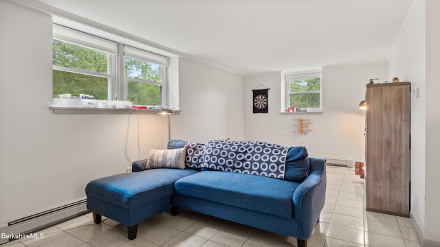 22 Delafield Dr, Lenox, MA 01240 - living area featuring a baseboard heating unit, light tile patterned floors, and ornamental molding