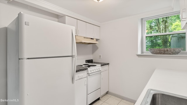 22 Delafield Dr, Lenox, MA 01240 - kitchen with white appliances, under cabinet range hood, white cabinets, light tile patterned floors, and ornamental molding