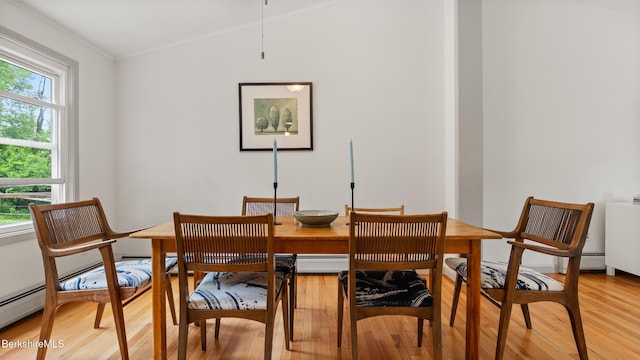 22 Delafield Dr, Lenox, MA 01240 - dining area with light wood-style floors, ornamental molding, and baseboard heating