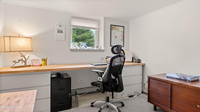 22 Delafield Dr, Lenox, MA 01240 - home office featuring a baseboard radiator, crown molding, and light tile patterned floors
