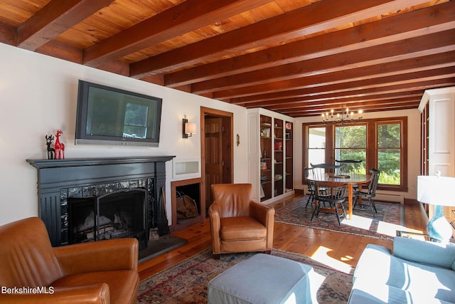 living room featuring dark hardwood / wood-style flooring, beamed ceiling, wood ceiling, and an inviting chandelier