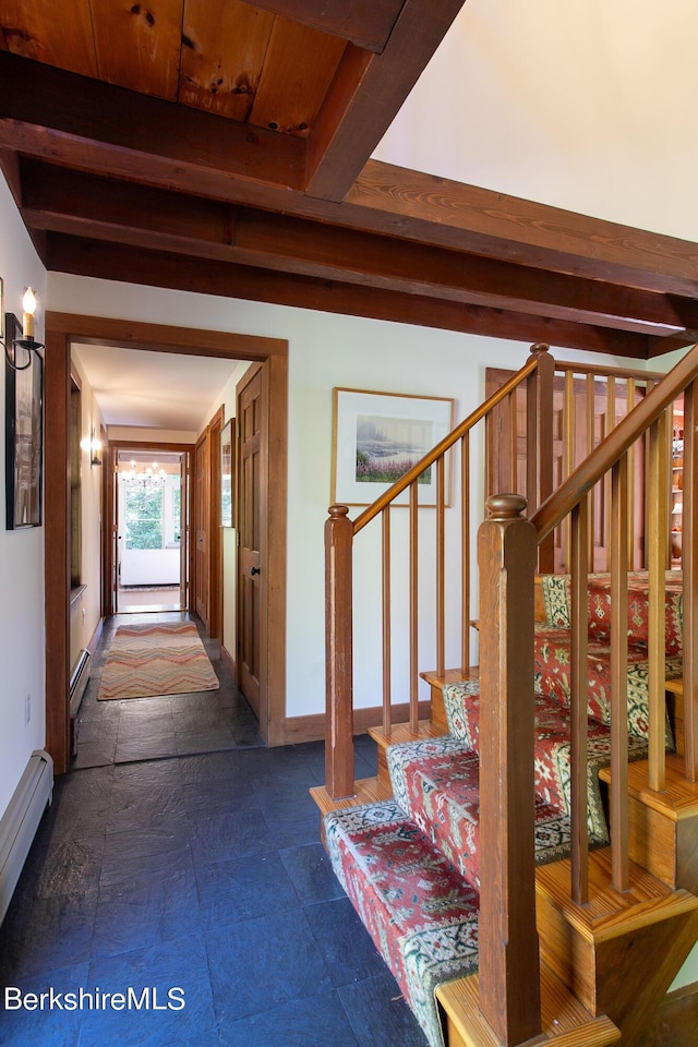 hall featuring beam ceiling and a baseboard radiator