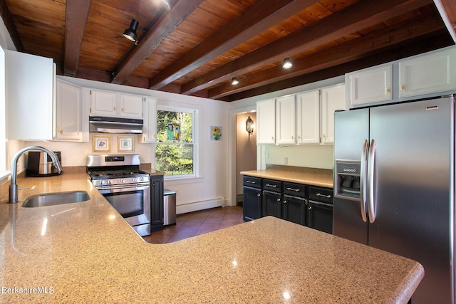 kitchen featuring appliances with stainless steel finishes, wood ceiling, a baseboard heating unit, beamed ceiling, and white cabinetry