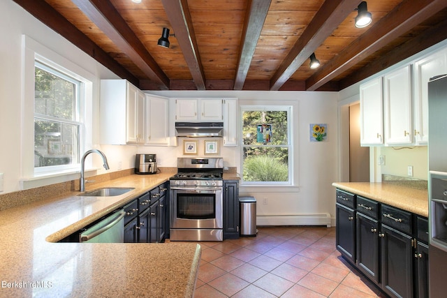 kitchen featuring beam ceiling, white cabinetry, sink, stainless steel appliances, and wooden ceiling