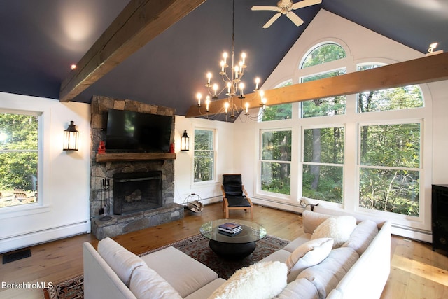 living room with high vaulted ceiling, a fireplace, a baseboard radiator, beam ceiling, and wood-type flooring