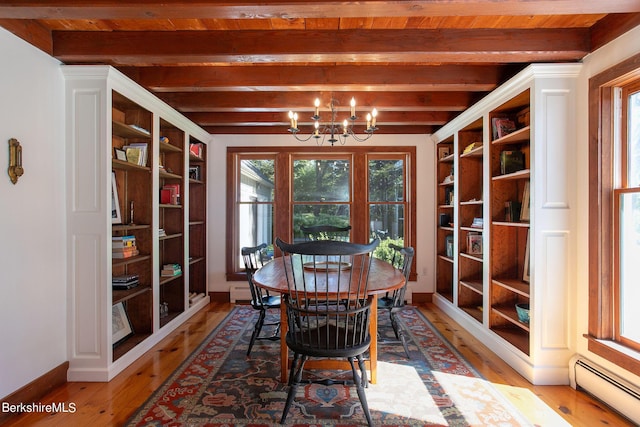 dining area featuring wooden ceiling, baseboard heating, beamed ceiling, wood-type flooring, and a chandelier