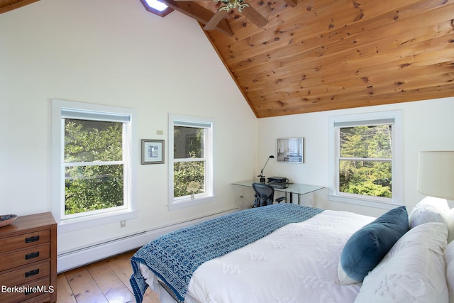 bedroom featuring ceiling fan, a baseboard radiator, light hardwood / wood-style flooring, beamed ceiling, and wood ceiling