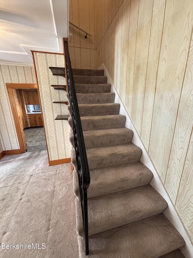 31 Millard Ave, Clarksburg, MA 01247 - stairs with wallpapered walls, carpet floors, and wood walls