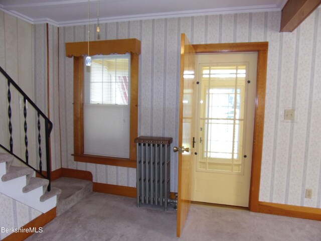 31 Millard Ave, Clarksburg, MA 01247 - foyer entrance with wallpapered walls, carpet flooring, plenty of natural light, crown molding, and stairway