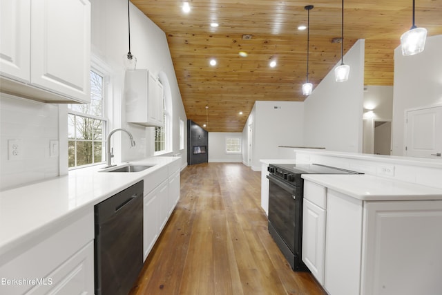 kitchen featuring wooden ceiling, a sink, electric range, lofted ceiling, and dishwasher