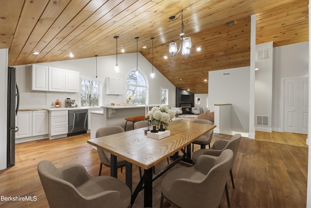 dining space with wood ceiling, light wood-type flooring, visible vents, and high vaulted ceiling