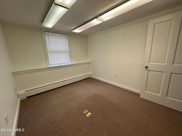 406 Main St, Great Barrington, MA 01230 - empty room with a baseboard heating unit, dark carpet, and baseboards