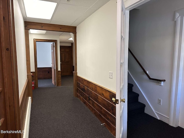406 Main St, Great Barrington, MA 01230 - corridor featuring wainscoting, carpet floors, stairway, and wooden walls