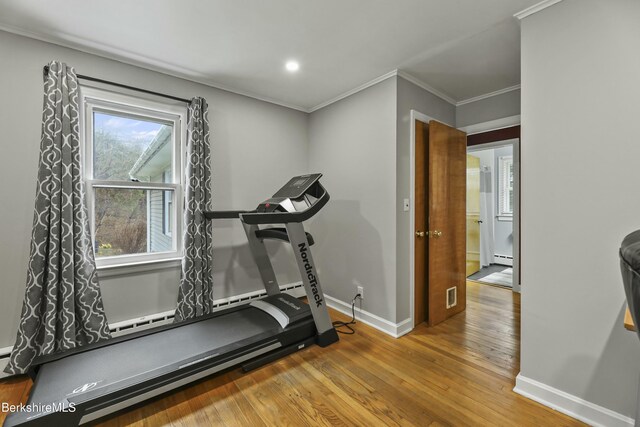 24 Henderson Rd, Williamstown, MA 01267 - workout room with visible vents, baseboards, baseboard heating, crown molding, and wood finished floors