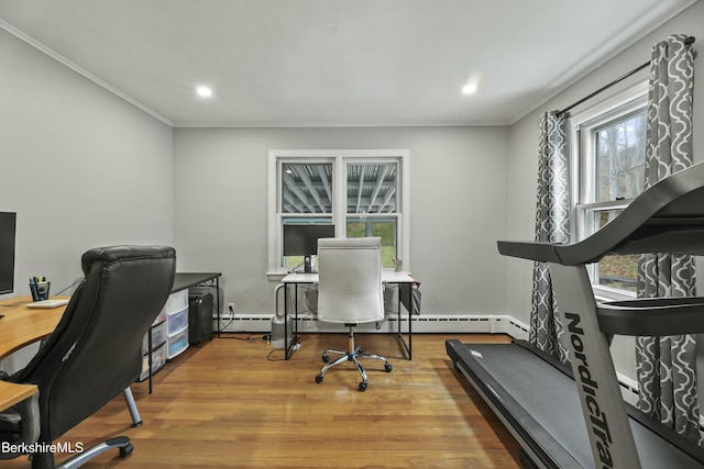 24 Henderson Rd, Williamstown, MA 01267 - office featuring crown molding, recessed lighting, a baseboard heating unit, and wood finished floors