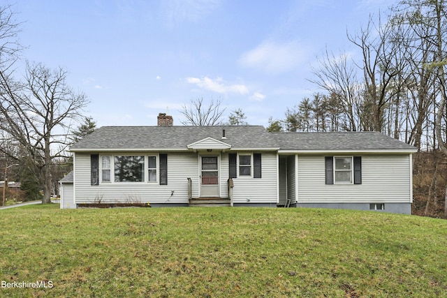 24 Henderson Rd, Williamstown, MA 01267 - single story home with entry steps, a chimney, roof with shingles, and a front lawn