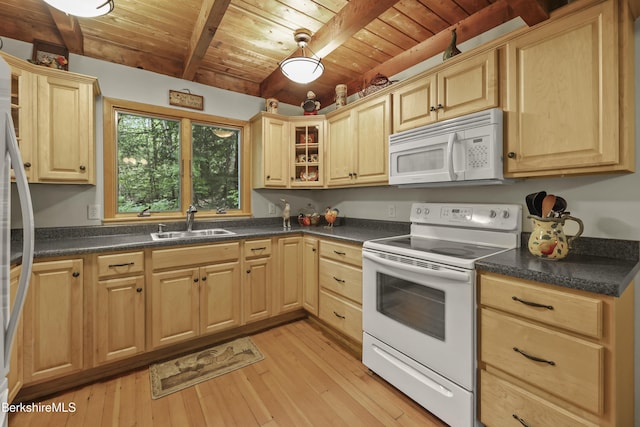 545 Leisure Lee Rd, Lee, MA 01238 - kitchen featuring white appliances, a wooden ceiling with exposed beams, light brown cabinetry, light wood-type flooring, and dark countertops