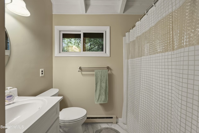 545 Leisure Lee Rd, Lee, MA 01238 - full bathroom featuring baseboard heating, vanity, and curtained shower