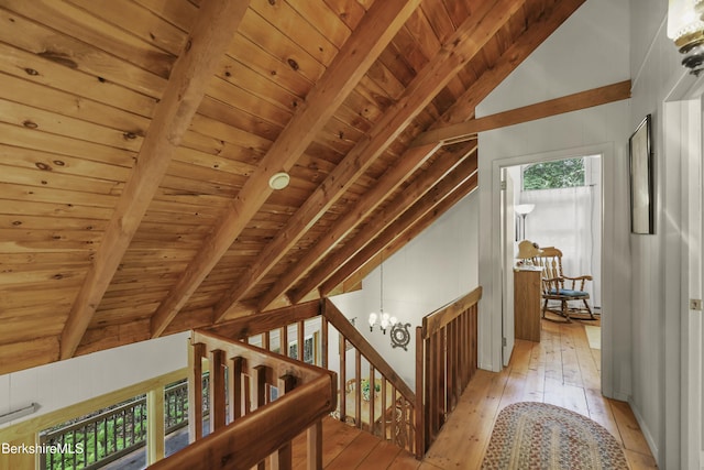 545 Leisure Lee Rd, Lee, MA 01238 - corridor featuring wood ceiling, light wood-style flooring, and a chandelier