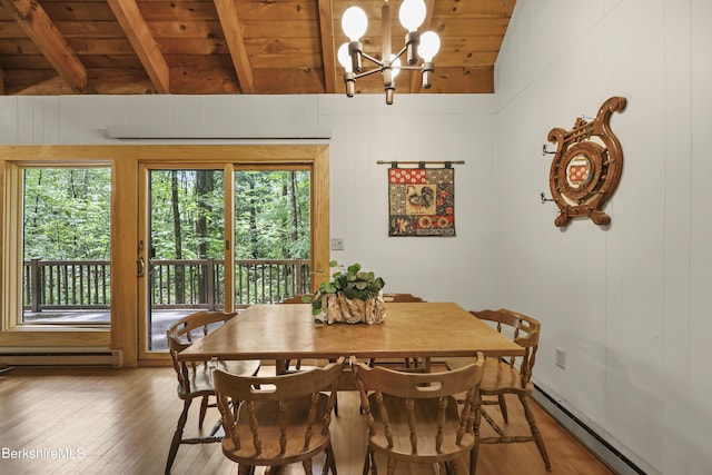 545 Leisure Lee Rd, Lee, MA 01238 - dining area featuring a baseboard radiator, wooden ceiling, hardwood / wood-style flooring, and a chandelier