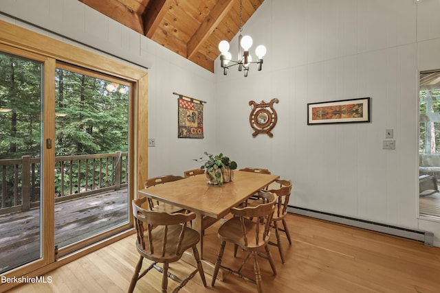 545 Leisure Lee Rd, Lee, MA 01238 - dining space with a baseboard radiator, light wood-style floors, a wood ceiling with exposed beams, a chandelier, and high vaulted ceiling