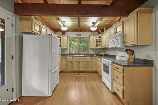 545 Leisure Lee Rd, Lee, MA 01238 - kitchen with white appliances, a wood ceiling with exposed beams, dark countertops, light wood-style flooring, and light brown cabinets