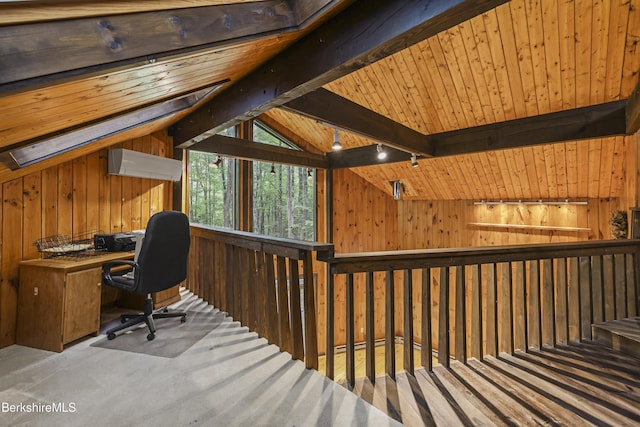 377 Highland Way, Sandisfield, MA 01255 - office with wooden walls, wood ceiling, and a wall mounted air conditioner