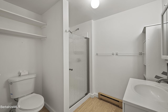 377 Highland Way, Sandisfield, MA 01255 - full bathroom with baseboard heating, a shower stall, wood finished floors, and vanity